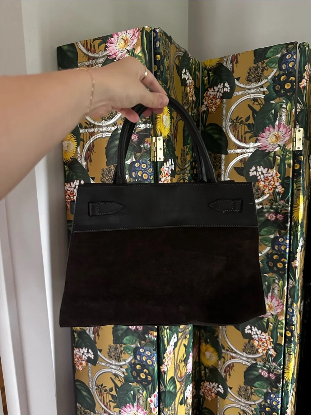 Classic Black & Dark Brown Suede Top-Handle Bag Italian Leather